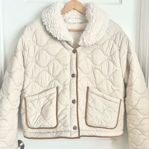 ASTR The Label Bellamie Quilted Jacket L Ecru Sherpa Collar Barn Style